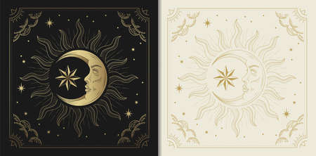 Moon face with stars in engraving, luxury, esoteric, boho style. Suitable for spiritualists, psychics, tarot, fortune tellers, astrologers and tattooのイラスト素材