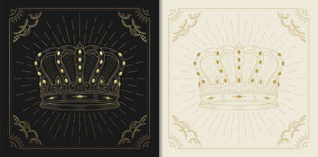 Crown of the king in engraving, luxurious, esoteric, boho style. Suitable for spiritualists, psychics, tarot, fortune tellers, astrologers and tattooのイラスト素材