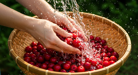 Female hands holding a basket of ripe red cranberries and splashing waterの素材