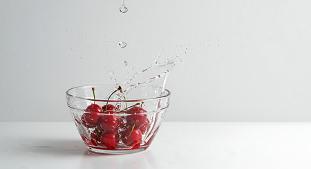 cherry in a glass bowl with water splash on a white backgroundの素材
