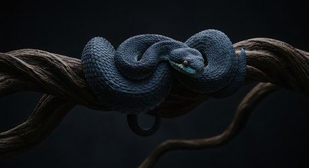 snake on a wooden branch, 3d render, black backgroundの素材