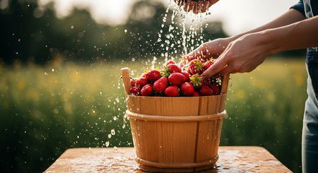Close-up of a woman's hands holding a bucket full of fresh strawberries and splashing water.の素材