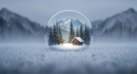 Snow globe with christmas house in forest. 3D rendering.の素材