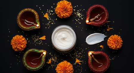 Diwali diya or oil lamp and flowers on black backgroundの素材