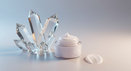 Face cream in a jar with diamonds on a white background. 3d renderingの素材