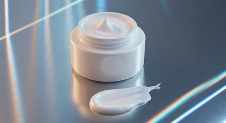 cosmetic cream in a white jar on a metal surface with glowの素材
