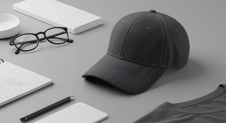 Mockup of black baseball cap, glasses, notebook and pen on grey backgroundの素材