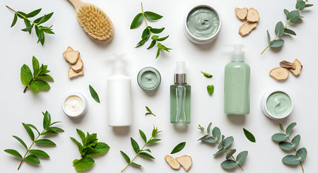 Natural cosmetic products with eucalyptus leaves on white backgroundの素材