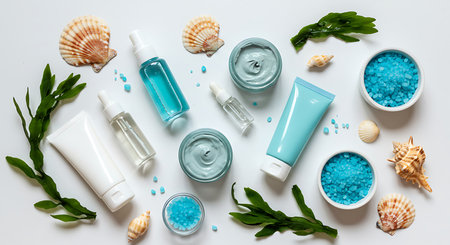 cosmetic set with sea salt on white background top view mock upの素材