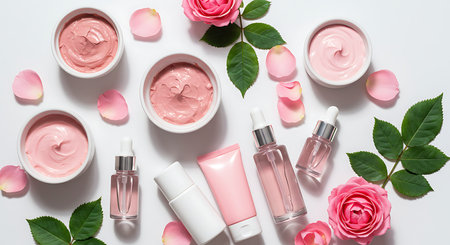 Flat lay composition with cosmetic products and rose flowers on white backgroundの素材