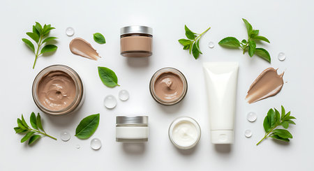 Set of cosmetic products with green leaves on white background, top viewの素材