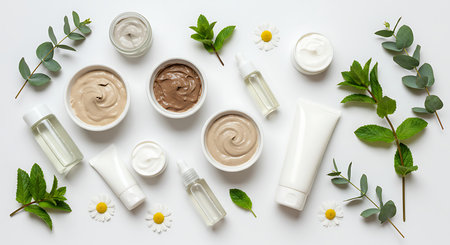 Flat lay composition with cosmetic products and herbs on white background.の素材