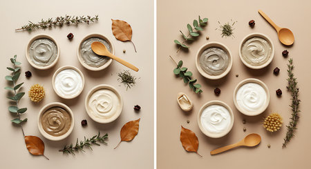 top view of various cosmetic creams with herbs and spoons on beige backgroundの素材