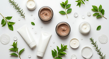 Flat lay composition with cosmetic products and green leaves on white backgroundの素材