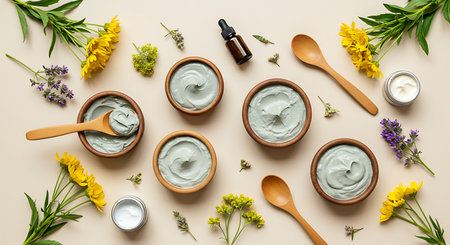 cosmetic cream in bowl with herbs and flowers on beige backgroundの素材