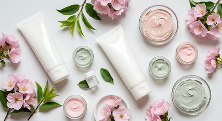 Set of cosmetic products with pink sakura flowers on white background.の素材