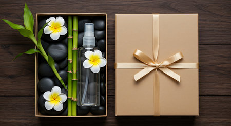 Spa still life with flowers, gift box and black stones on wooden backgroundの素材
