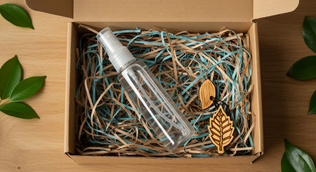 Hand sanitizer in a cardboard box with green leaves, top viewの素材