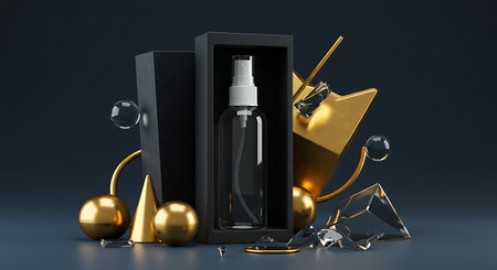 Cosmetic bottle mockup in black box with golden and silver balls, 3d renderの素材