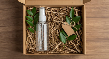 Bottle of sanitizer in cardboard box with green leaves on wooden backgroundの素材