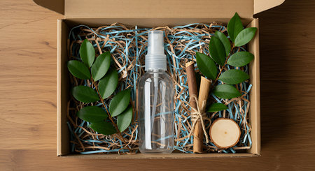 Gift box with eucalyptus essential oil on wooden backgroundの素材