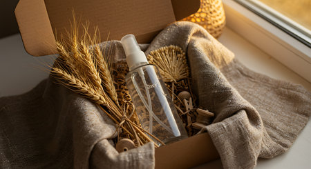 Gift box with natural cosmetic products and wheat ears on windowsillの素材