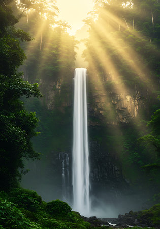 Waterfall in the forest with sunbeam and lens flare effect.の素材
