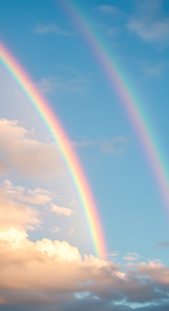 Beautiful rainbow in the blue sky with clouds and rainbow in the skyの素材