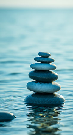 zen stones on the sea background - meditation, spa and relaxation conceptの素材