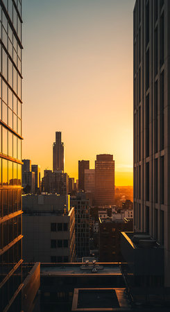 Sunset over skyscrapers in downtown Los Angeles, California.の素材