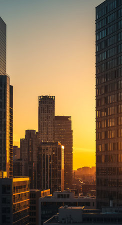 Aerial view of skyscrapers at sunset, Chicago, Illinois, USAの素材