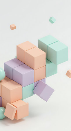 3d illustration of geometric shapes in pastel colors on white backgroundの素材