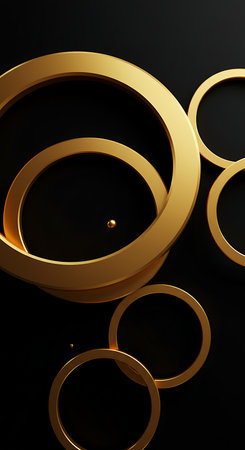 Abstract gold rings on a black background. 3d render illustration.の素材