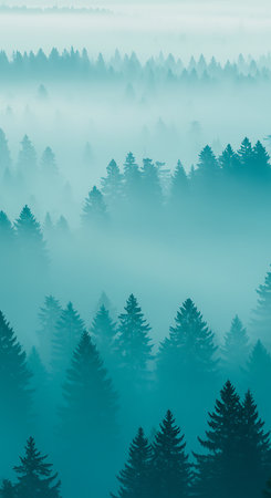 Foggy forest in the morning. Misty landscape with coniferous trees.の素材