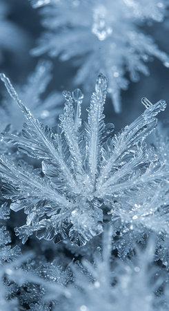 Ice crystals on the leaves of plants in the winter. Blue tonedの素材