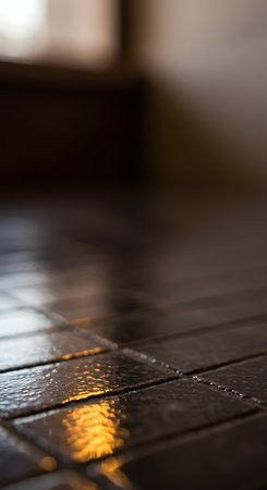 Close up of wet floor in a restaurant, shallow depth of fieldの素材