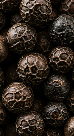 Black pepper background. Close-up of black peppercorns.の素材
