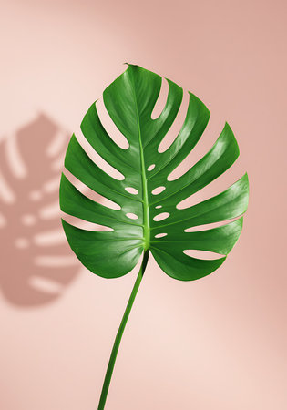 Monstera deliciosa leaf on pastel background with shadow.の素材