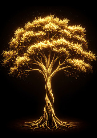 3d rendering of a golden tree isolated on a black background.の素材