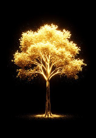3d rendering of a yellow autumn tree isolated on black background.の素材