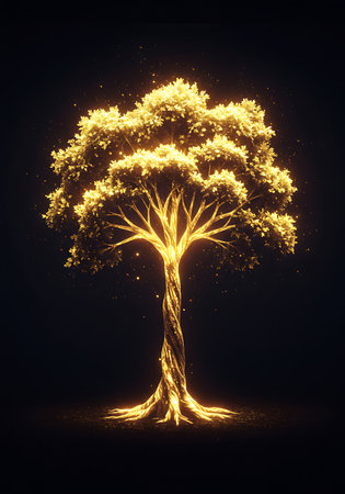 3d rendering of a golden tree on a black background with sparksの素材