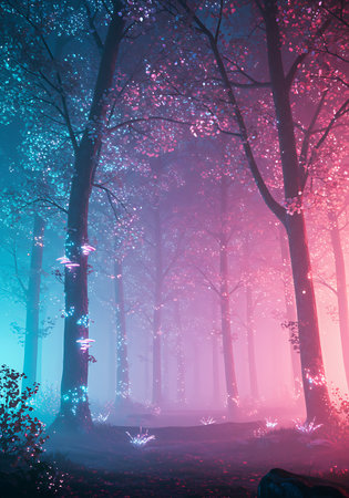 Mystical foggy forest with glowing magic trees and blue skyの素材