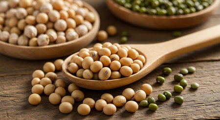 Soybeans in wooden spoon on wooden background. Close up.の素材