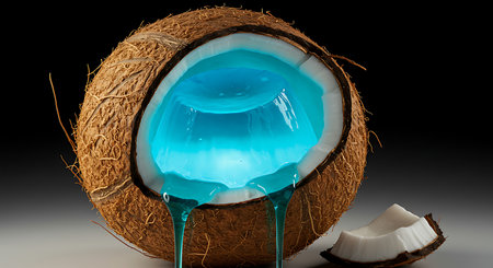 coconut with blue juice on a black background close-upの素材