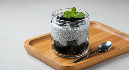 Chia seed pudding in a glass jar with spoon on wooden trayの素材
