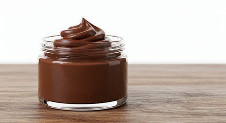 Chocolate cream in glass jar on wooden table. 3d renderの素材