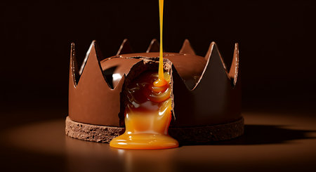 Chocolate cake with caramel on a dark background. 3d renderingの素材