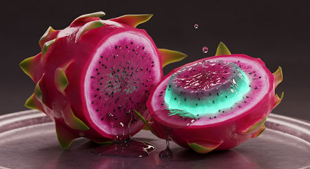 Dragon fruit with water drops isolated on black background. 3d illustrationの素材