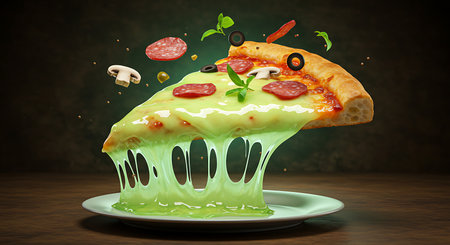 Pizza with flying ingredients on dark background, food and drink conceptの素材