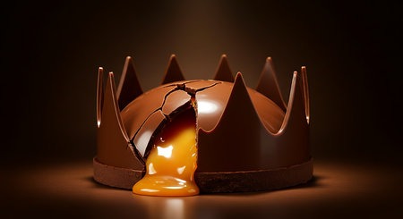 Chocolate crown with melted caramel on brown background. 3D renderingの素材